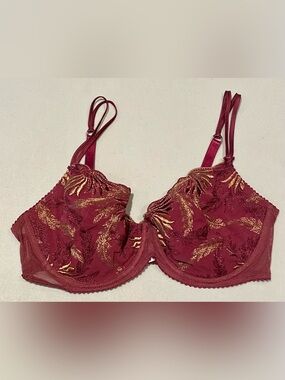 Ballet Burgundy Lace Underwire Bra with Gold Accents, size 36D